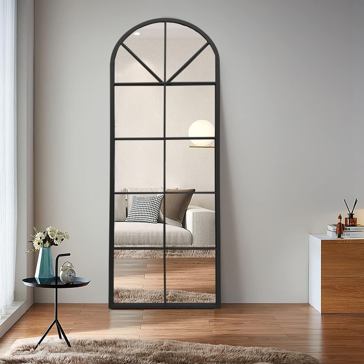 Floor Full Length Mirror, Black Arched-Top Mirror Full Length, Large Window Pane Body Mirrors, 65x22 Wall Mounted Standing Mirrors Hanging or Leaning for Bedroom, No Stand